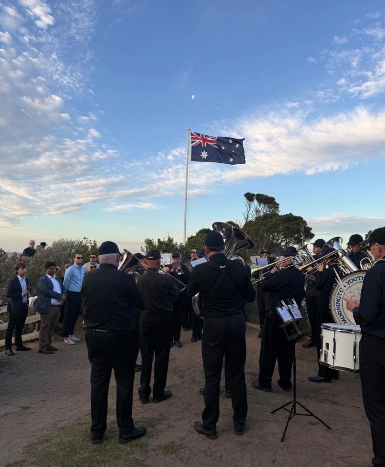 ANZAC Day dawn service with Mornington Youth brass band and Australian flag