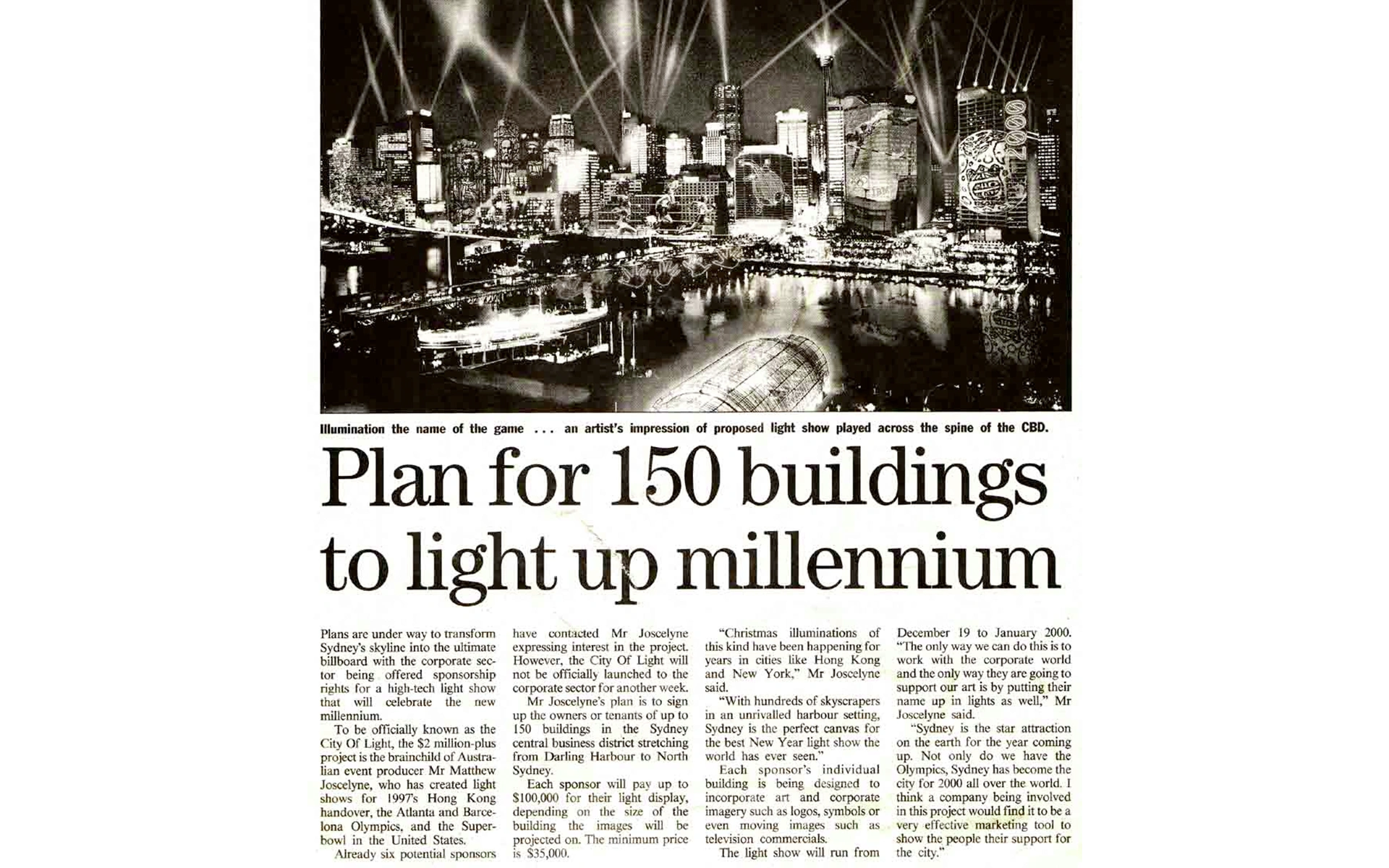 Newspaper artist impression of Sydney CBD illumination for the millennium