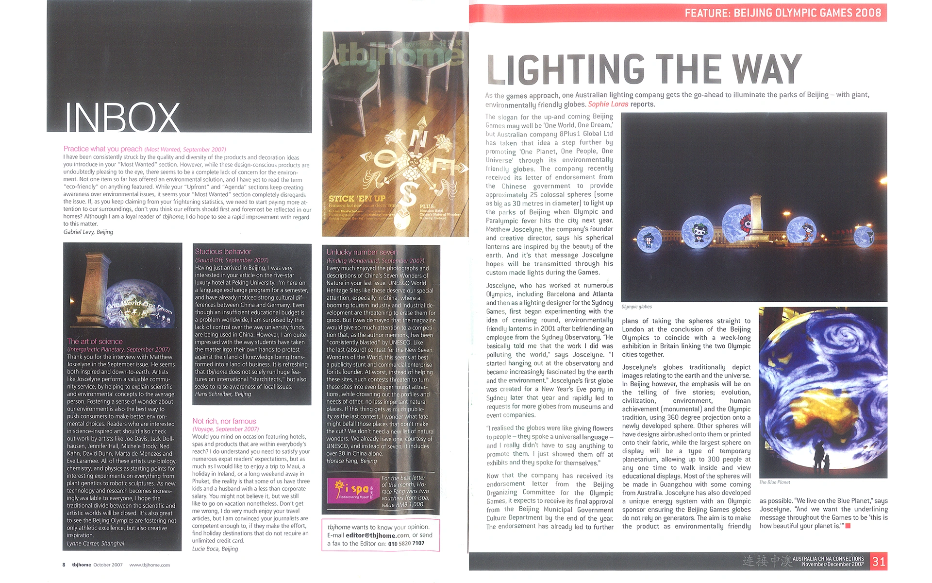 Australia China Connections Lighting the Way feature and tbjhome inbox letter