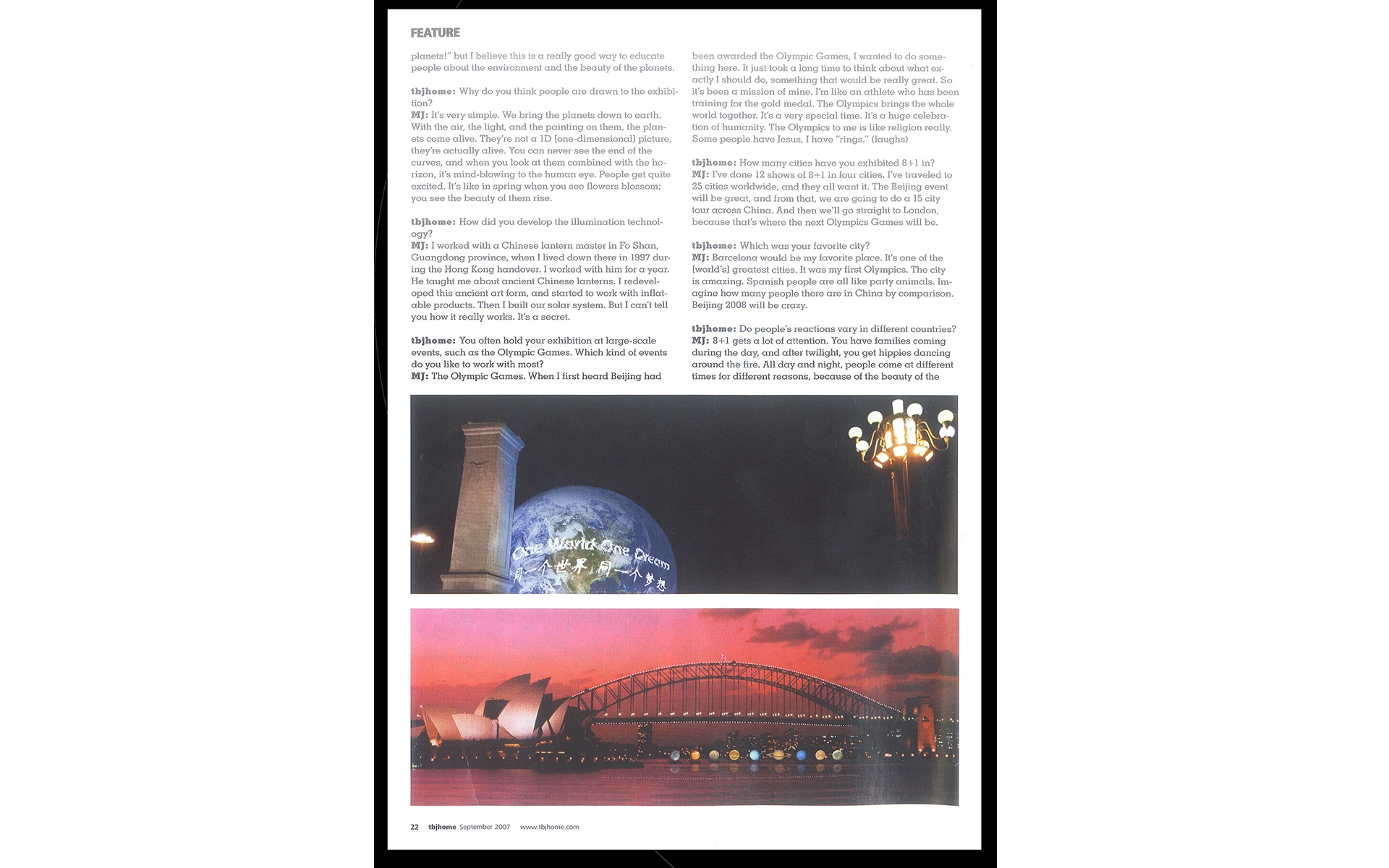 tbjhome Q and A with One World One Dream Earth globe and Sydney Harbour Planets
