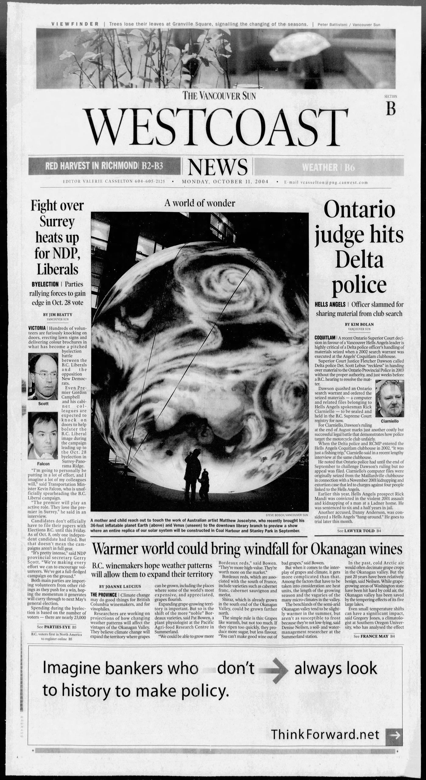 Vancouver Sun front page featuring The Planets Earth globe